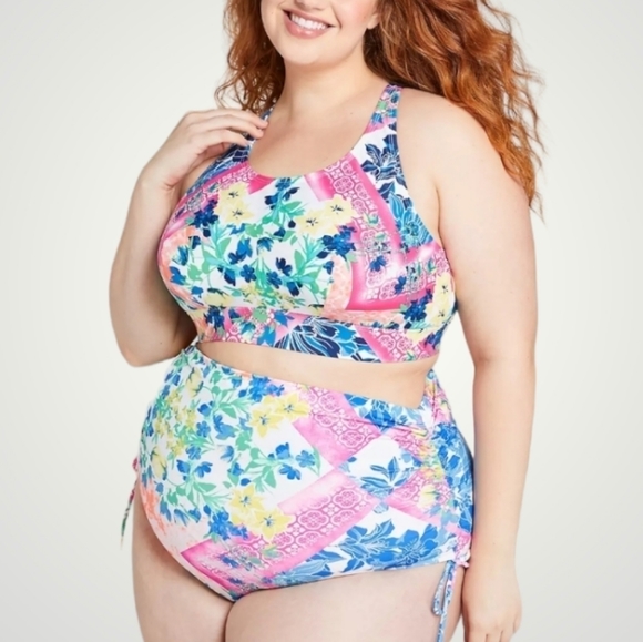 Cacique Swim Bottom Womens 22 High Waist‎ Drawstring Brief Floral Allover Print - Picture 1 of 8